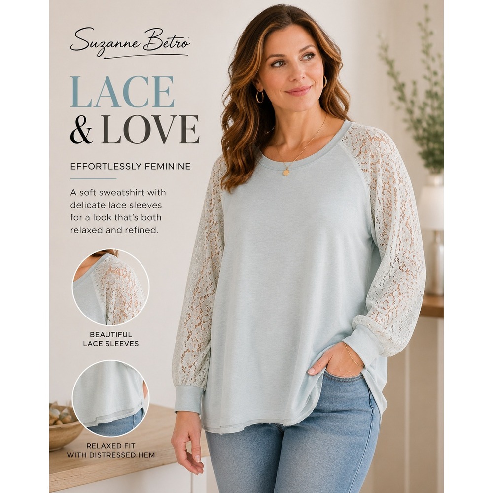 NEW Suzanne Betro Womens 4X Light‎ Blue Lace Sleeve Raglan Sweatshirt